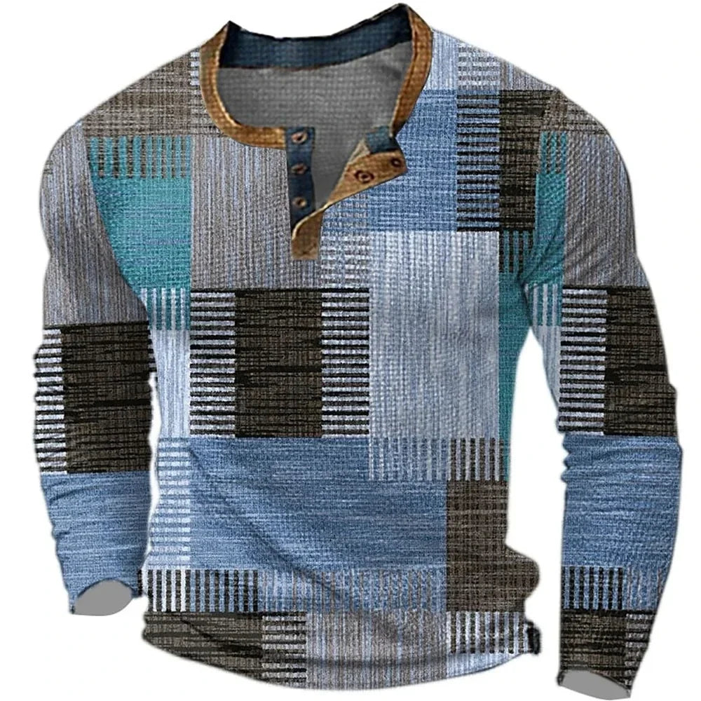 Men's geometric patchwork shirt with mandarin collar and long sleeves
