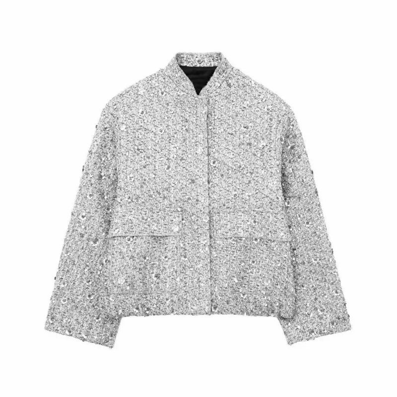 Women's textured tailored jacket with stand collar, zipper and flap pockets