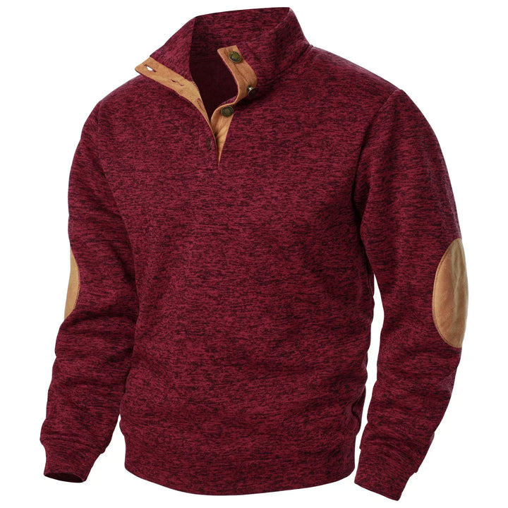 Unisex quarter zip sweater with stand collar and elbow patches