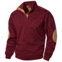 Men's textured mock neck sweater with button placket and contrast elbow patches