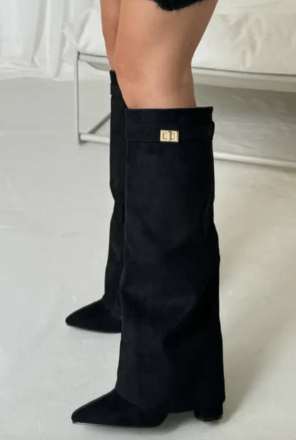 Women's knee-high pointed toe boots with high heel and buckle detail