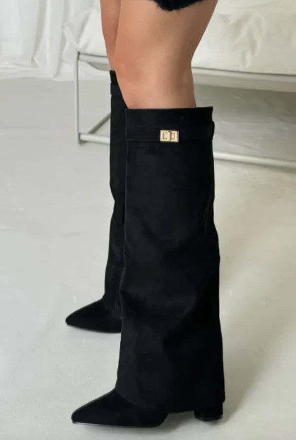 Women's knee-high pointed toe boots with high heel and buckle detail