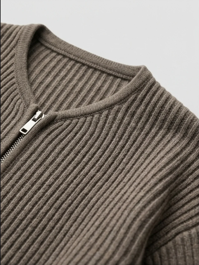 Men's ribbed knit cardigan with funnel neck, zip front and pockets