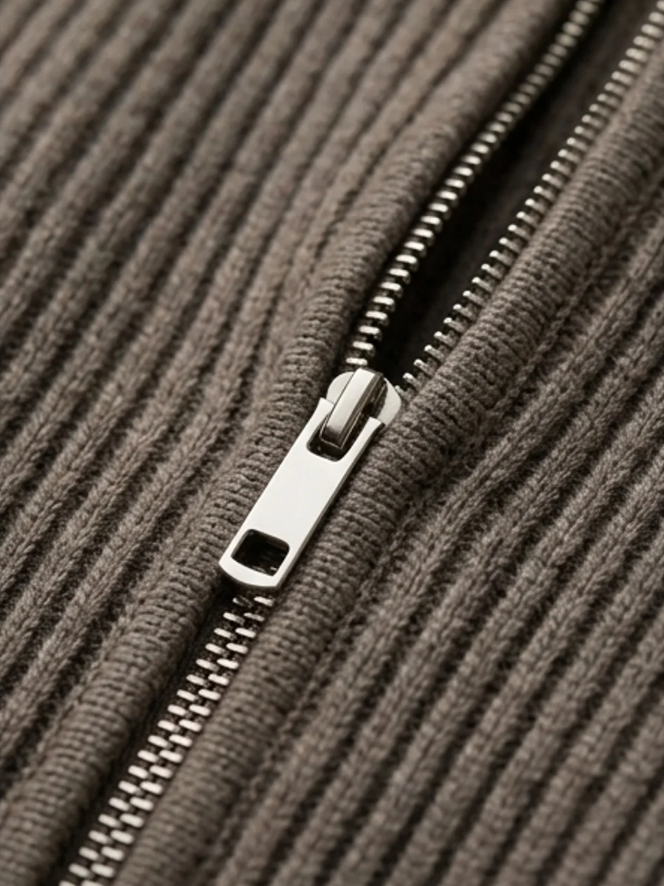 Men's ribbed knit cardigan with funnel neck, zip front and pockets