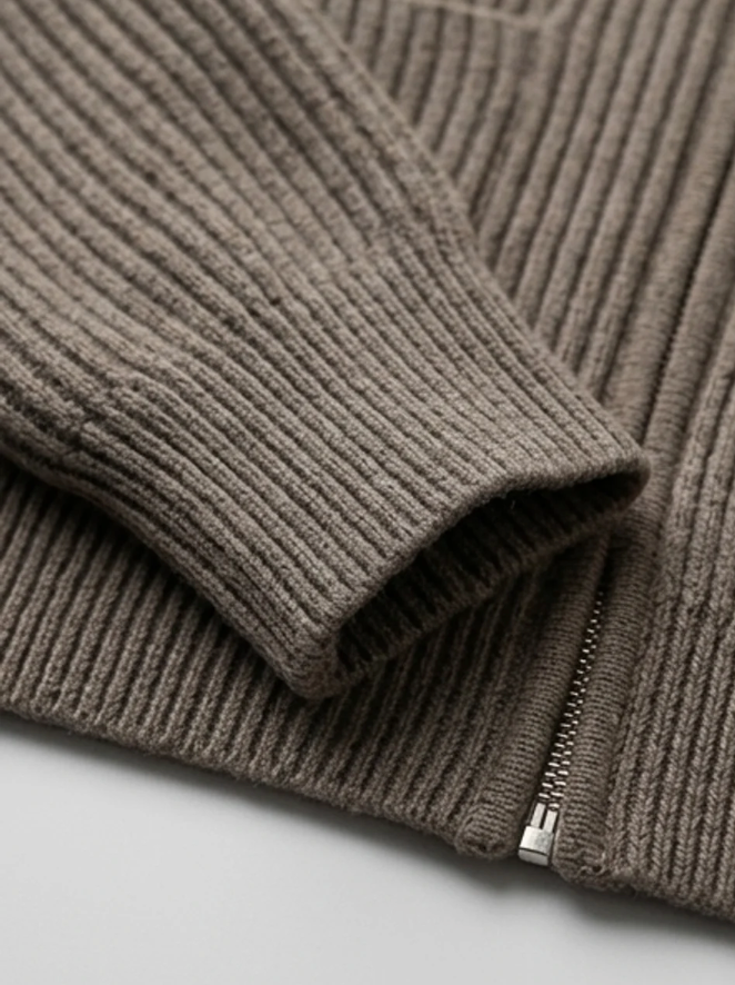 Men's ribbed knit cardigan with funnel neck, zip front and pockets