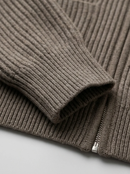 Men's ribbed knit cardigan with funnel neck, zip front and pockets