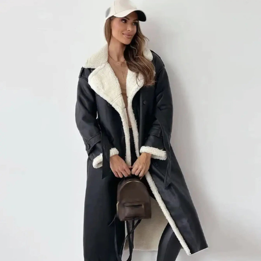 Long teddy jacket with oversized fleece collar and cuff trim, cream and black colourway
