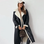 Women's long coat with contrasting shearling-style trim, lapel collar and double-breasted buttons