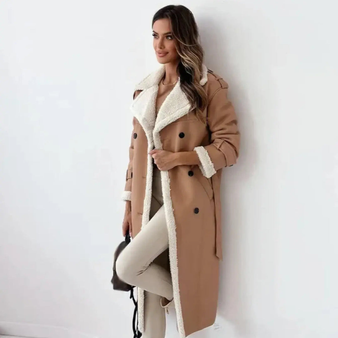 Long teddy jacket with oversized fleece collar and cuff trim, cream and black colourway