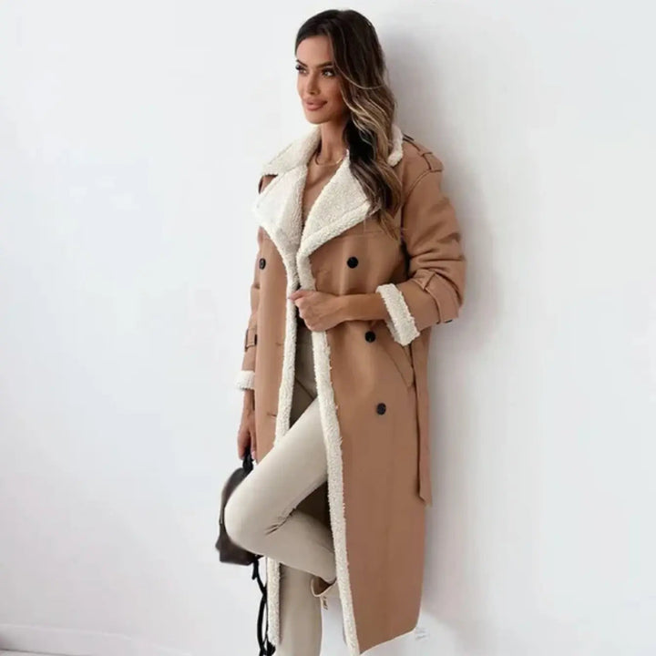 Long teddy jacket with oversized fleece collar and cuff trim, cream and black colourway