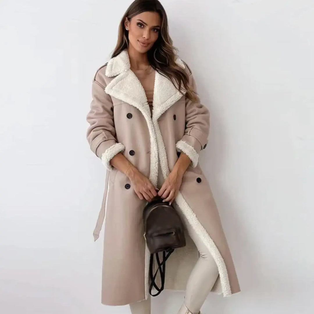 Long teddy jacket with oversized fleece collar and cuff trim, cream and black colourway