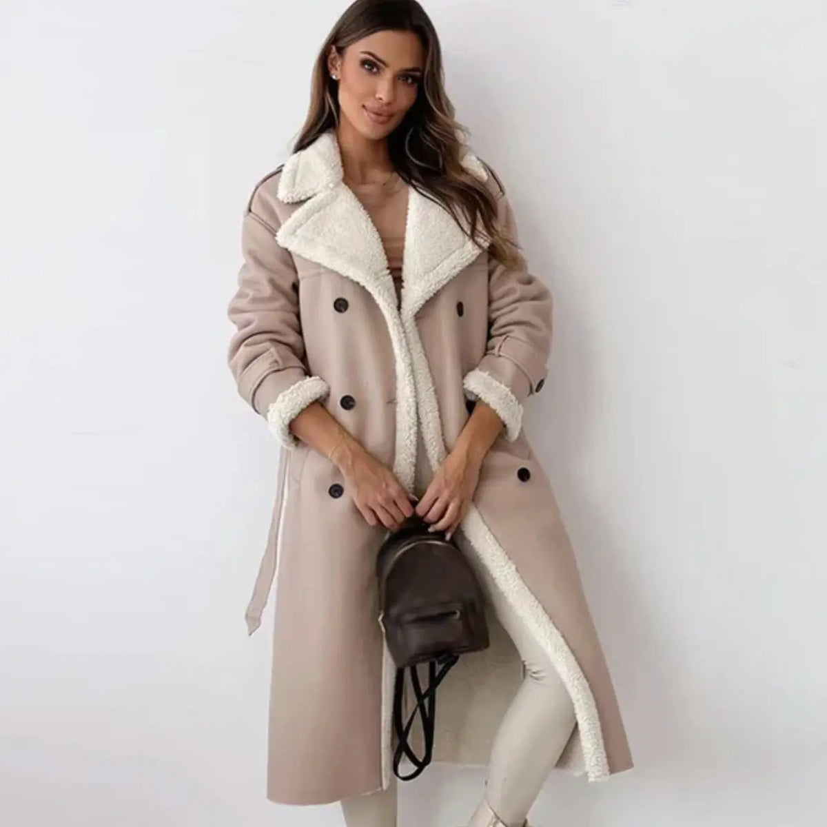 Long teddy jacket with oversized fleece collar and cuff trim, cream and black colourway