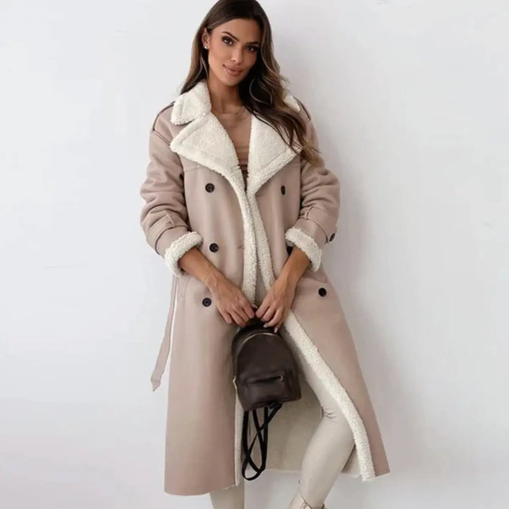 Long teddy jacket with oversized fleece collar and cuff trim, cream and black colourway