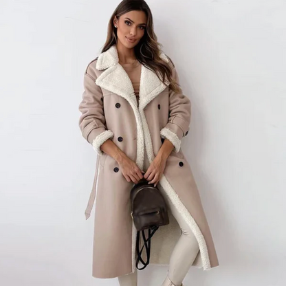 Women's long coat with contrasting shearling-style trim, lapel collar and double-breasted buttons