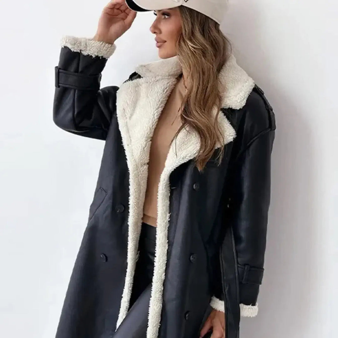 Long teddy jacket with oversized fleece collar and cuff trim, cream and black colourway