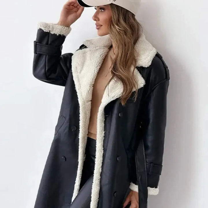 Long teddy jacket with oversized fleece collar and cuff trim, cream and black colourway