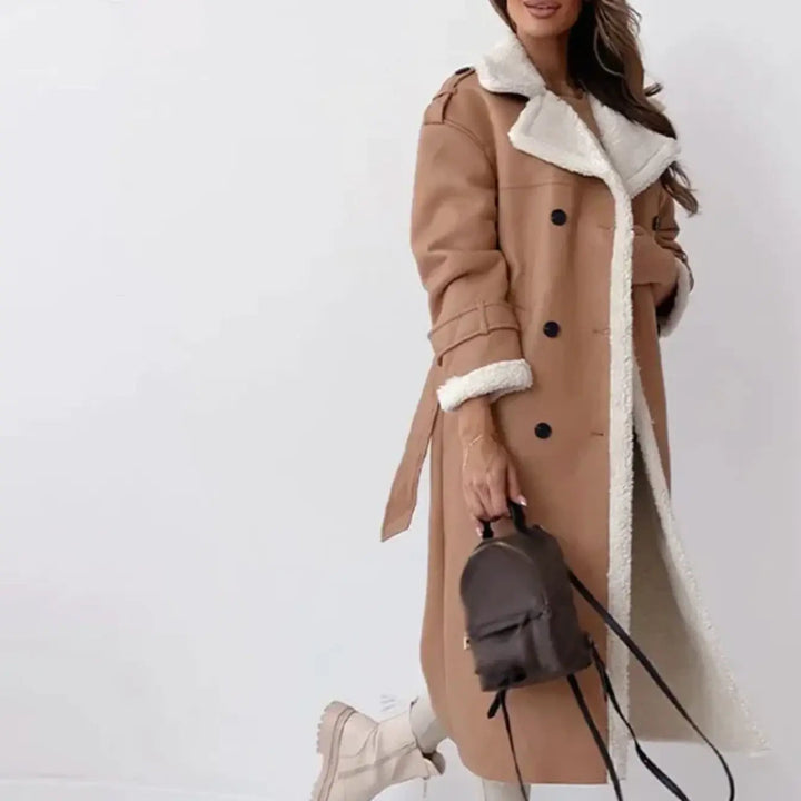 Long teddy jacket with oversized fleece collar and cuff trim, cream and black colourway