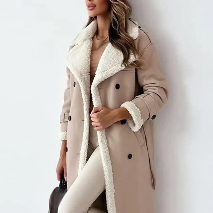 Long teddy jacket with oversized fleece collar and cuff trim, cream and black colourway