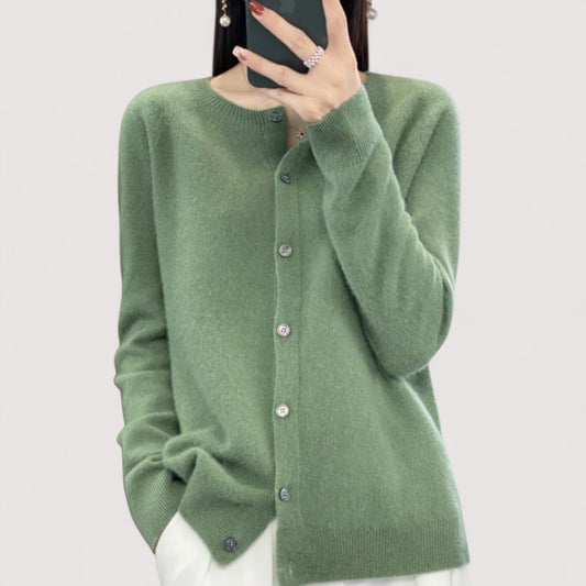 Women's long-sleeve crew-neck button front knit cardigan