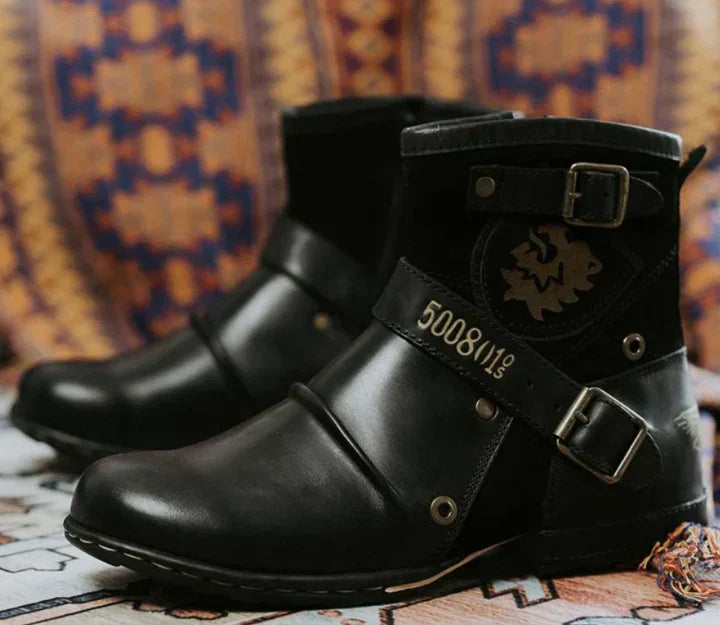 Men's ankle biker boots with multiple buckle straps