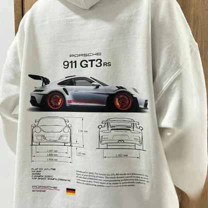 Oversized hooded sweatshirt with Porsche car graphics and printed sleeves