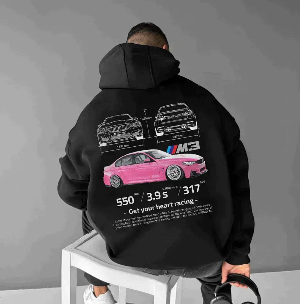 Oversized hooded sweatshirt with Porsche car graphics and printed sleeves