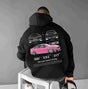 Oversized hooded sweatshirt with Porsche car graphics and printed sleeves