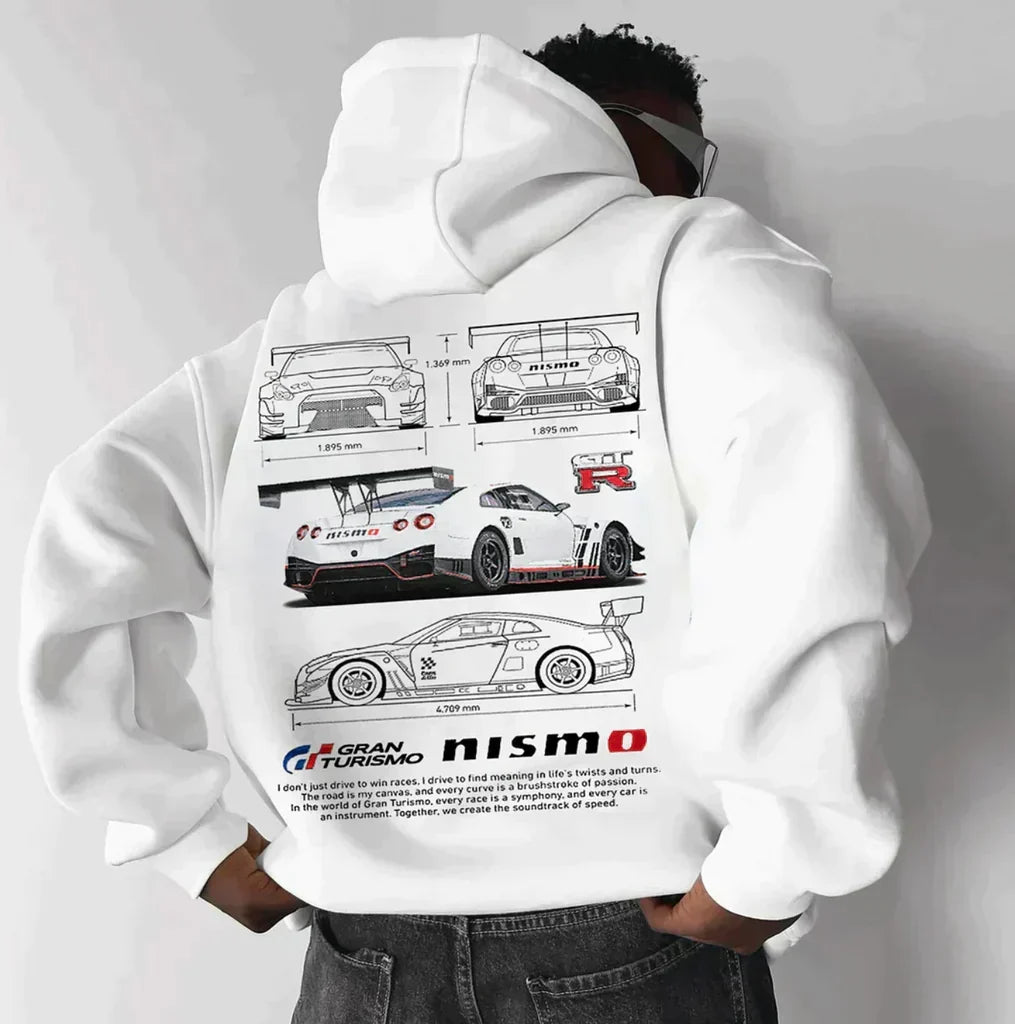 Oversized hooded sweatshirt with Porsche car graphics and printed sleeves