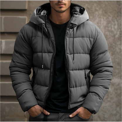 Men's quilted hooded puffer jacket with long sleeves and zip pockets