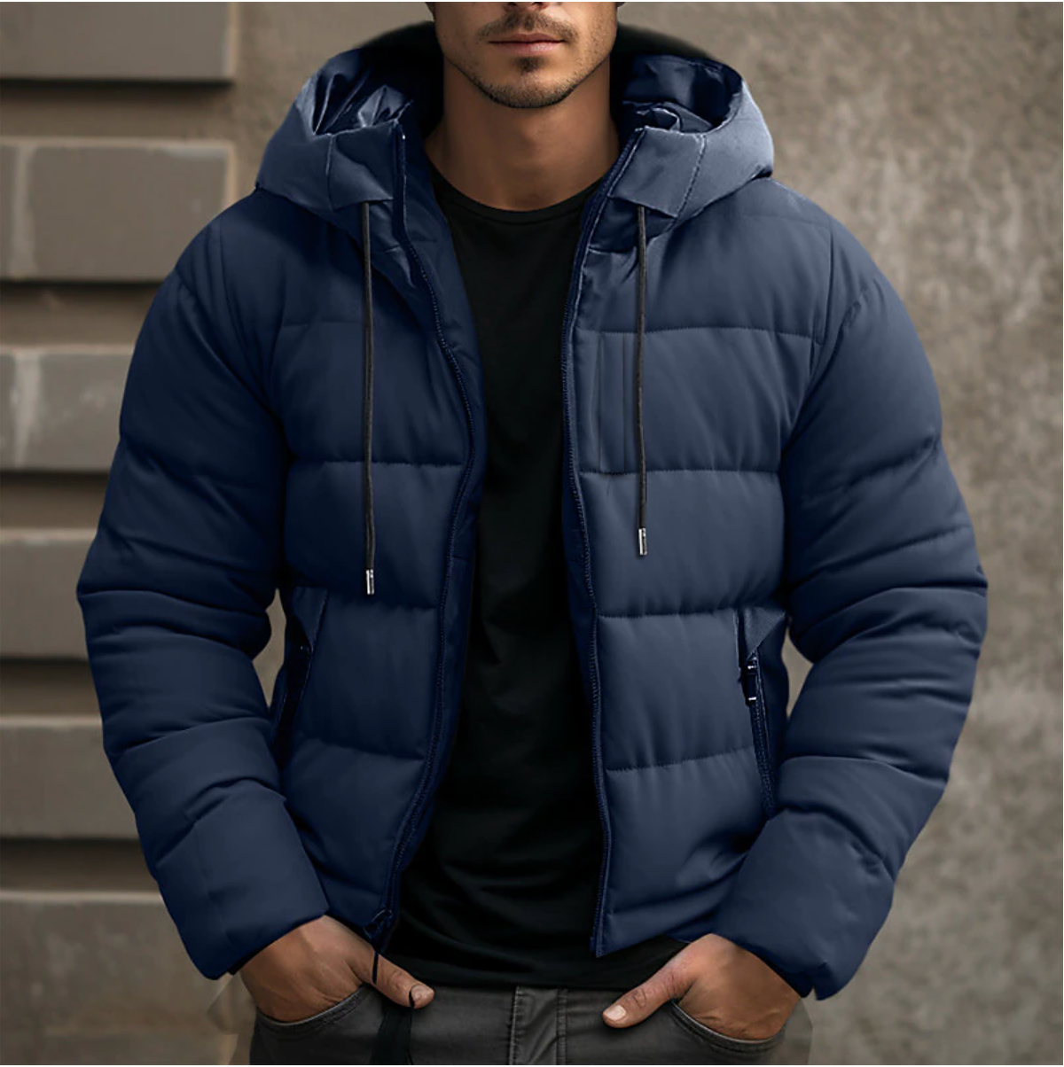 Men's quilted hooded puffer jacket with long sleeves and zip pockets