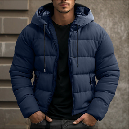 Men's quilted hooded puffer jacket with long sleeves and zip pockets