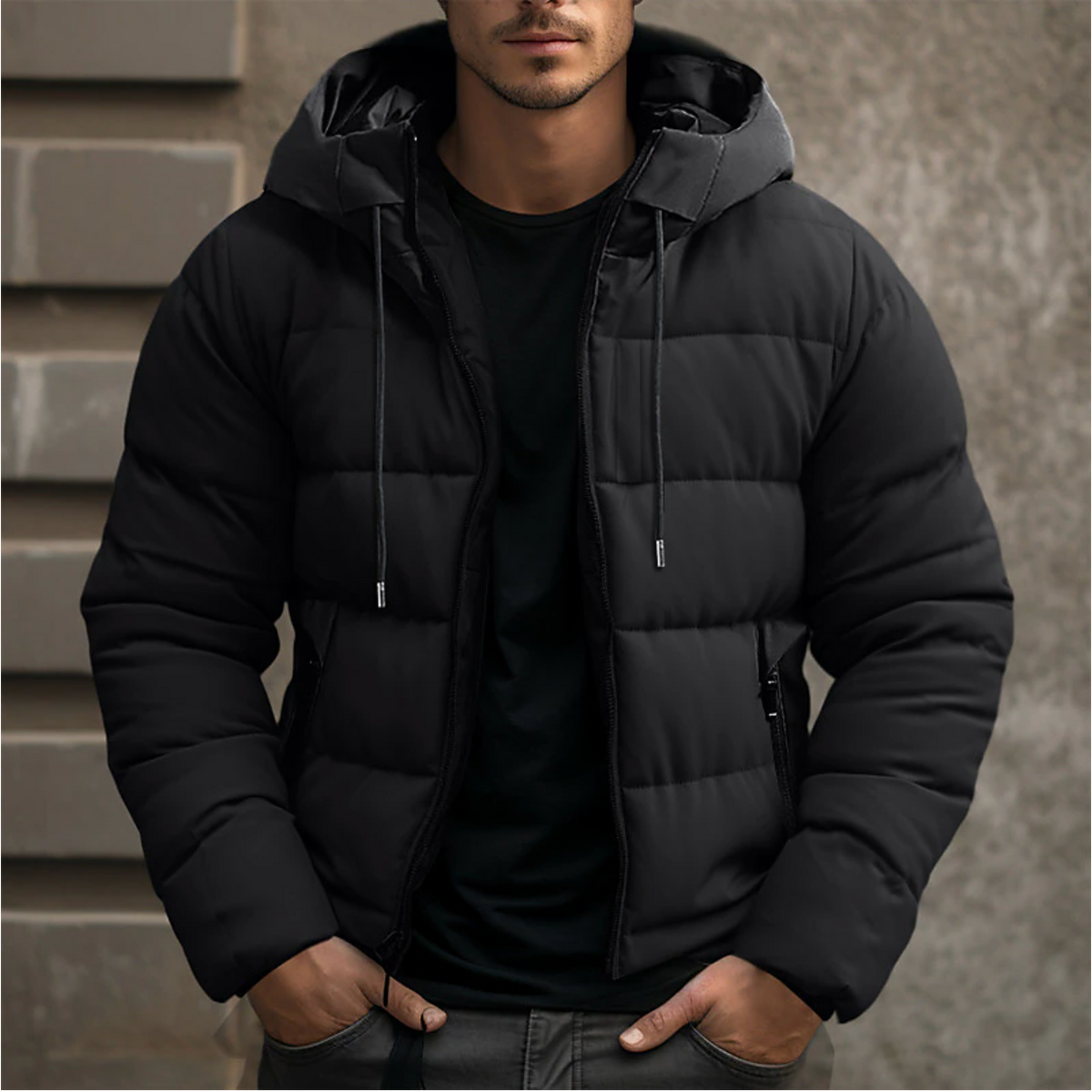 Men's quilted hooded puffer jacket with long sleeves and zip pockets