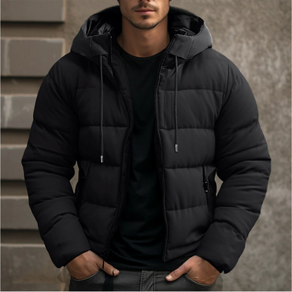Men's quilted hooded puffer jacket with long sleeves and zip pockets
