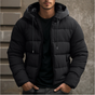 Men's quilted hooded puffer jacket with long sleeves and zip pockets