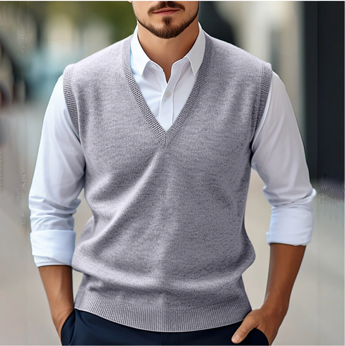 Men's sleeveless V-neck sweater vest with ribbed trims layered over a white shirt