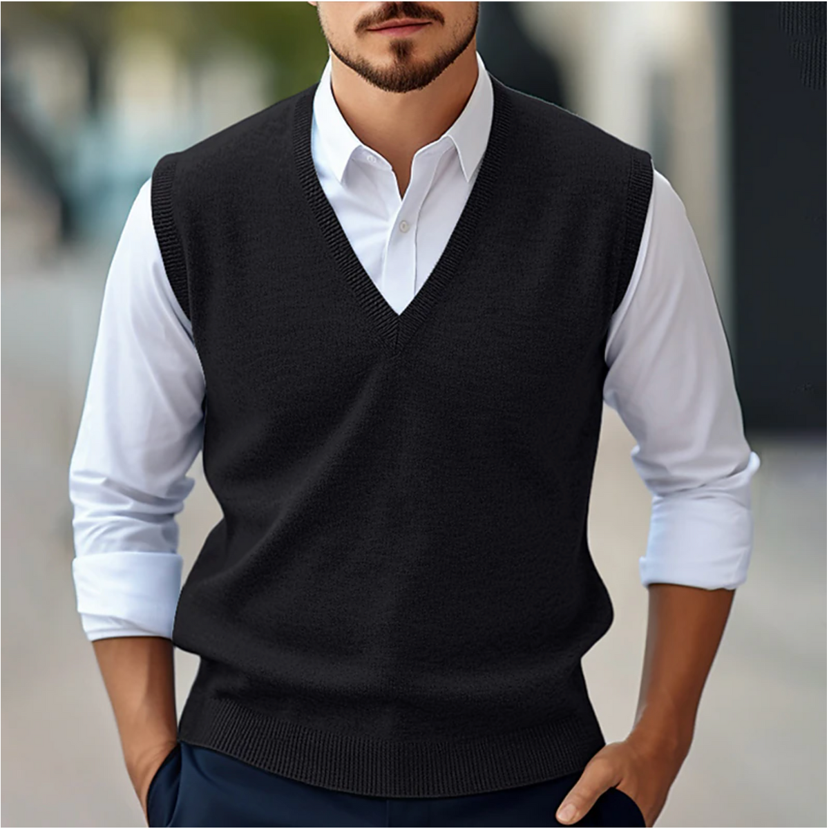 Men's sleeveless V-neck sweater vest with ribbed trims layered over a white shirt