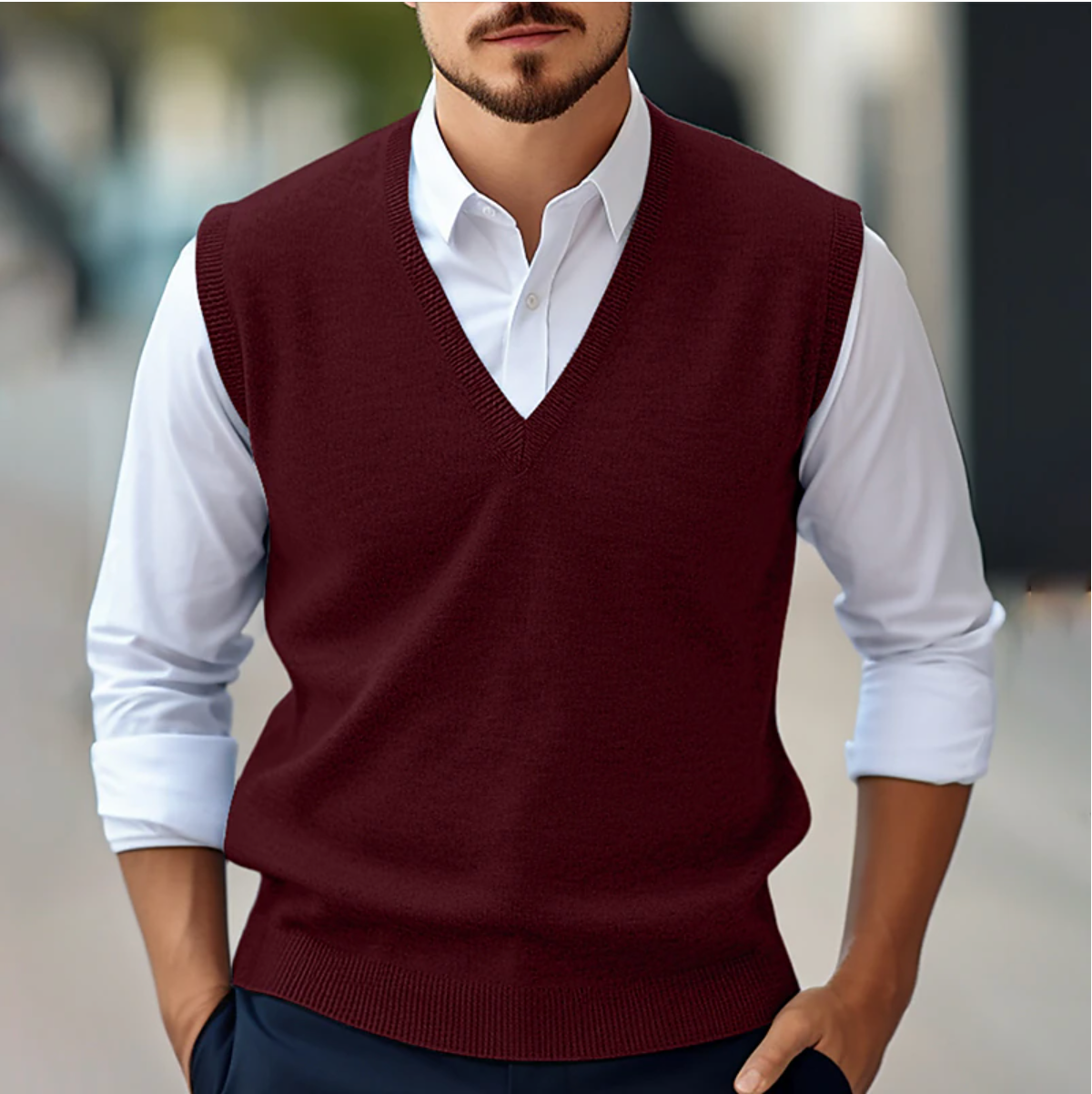 Men's sleeveless V-neck sweater vest with ribbed trims layered over a white shirt