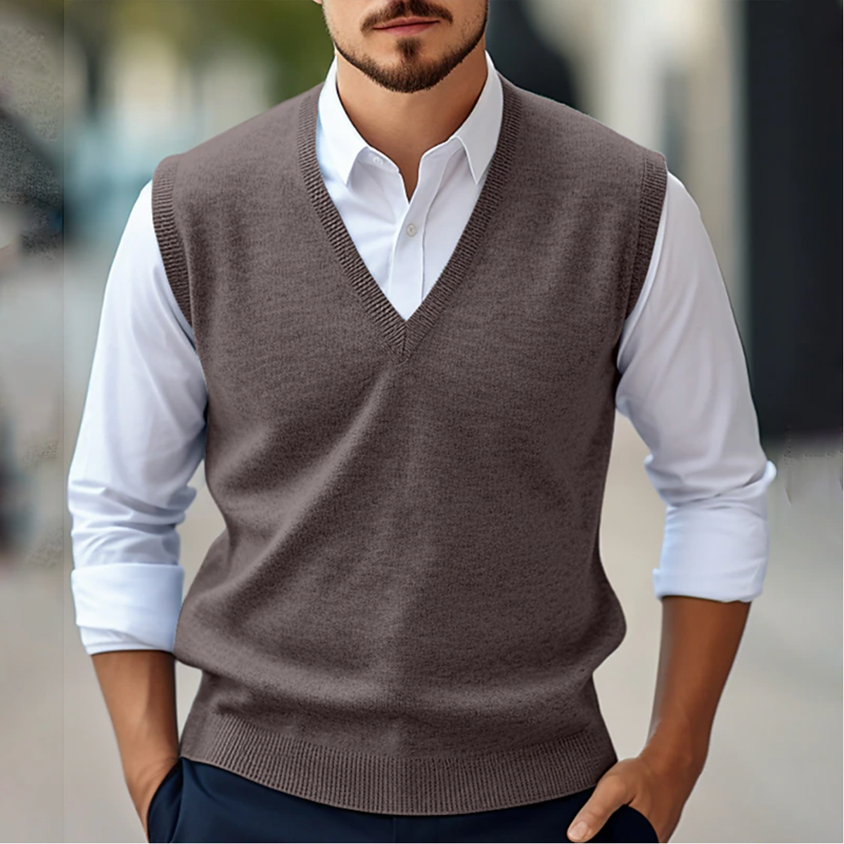 Men's sleeveless V-neck sweater vest with ribbed trims layered over a white shirt