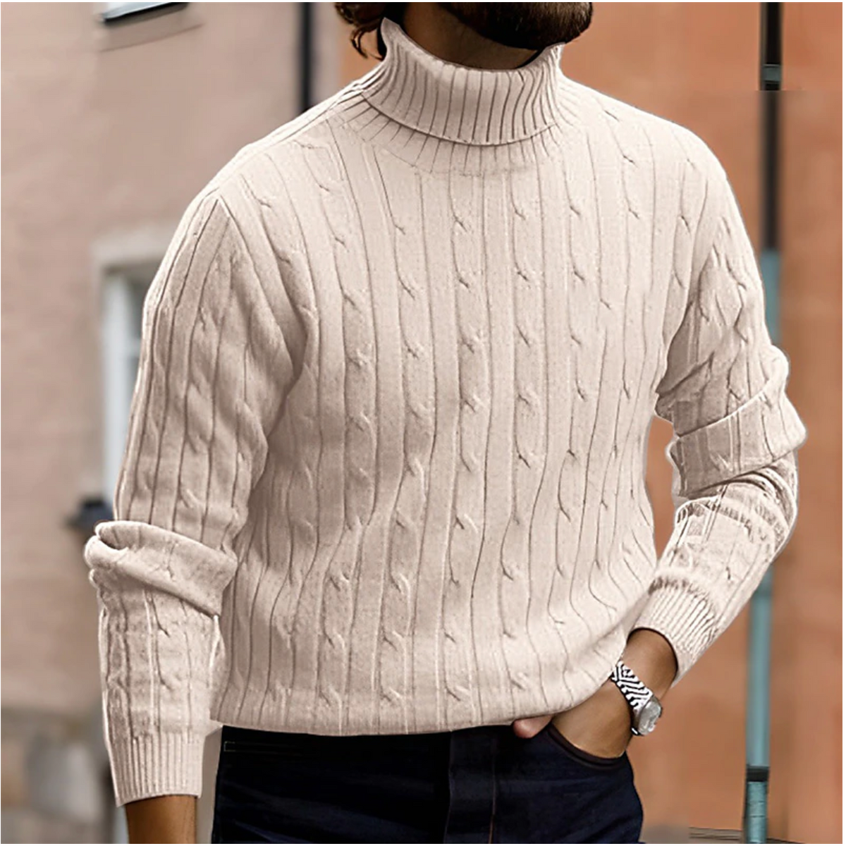 Men's cable knit turtleneck sweater with long sleeves and ribbed trims