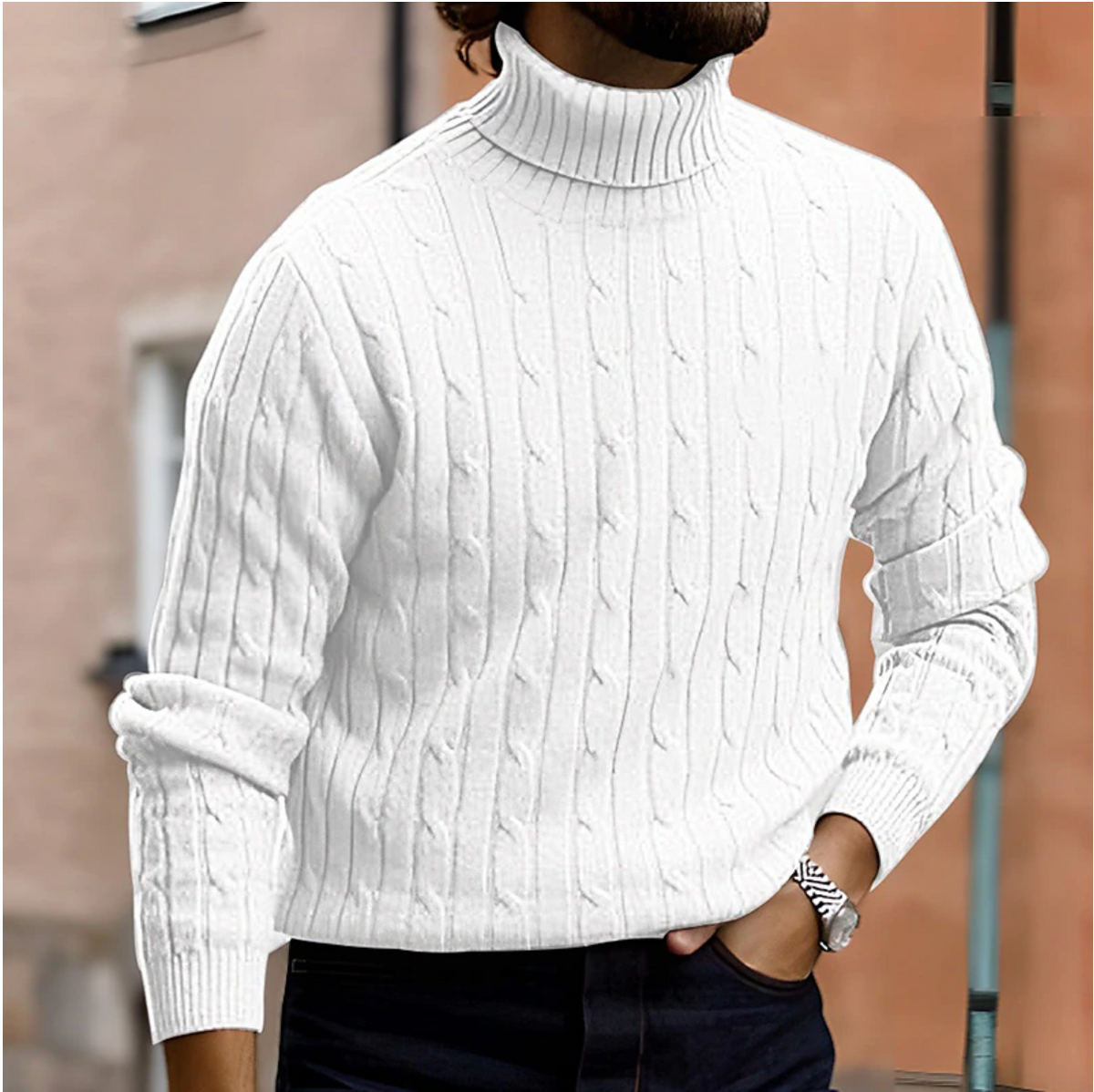 Men's cable knit turtleneck sweater with long sleeves and ribbed trims