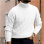 Men's cable knit turtleneck sweater with long sleeves and ribbed trims