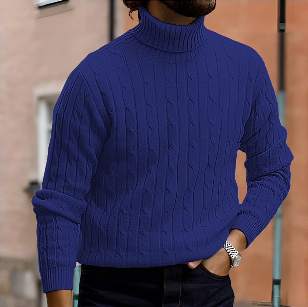 Men's cable knit turtleneck sweater with long sleeves and ribbed trims