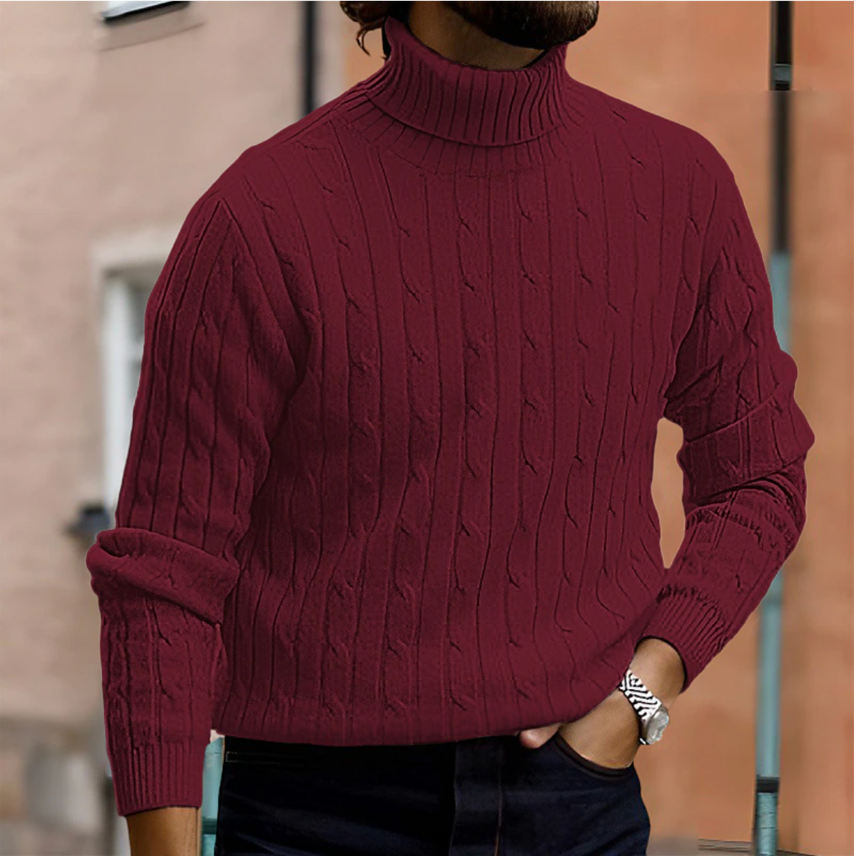 Men's cable knit turtleneck sweater with long sleeves and ribbed trims