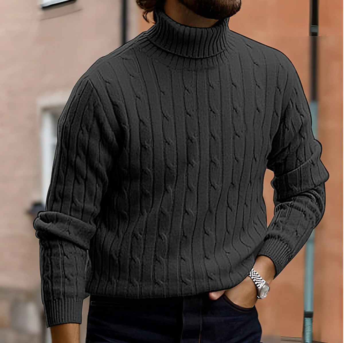 Men's cable knit turtleneck sweater with long sleeves and ribbed trims