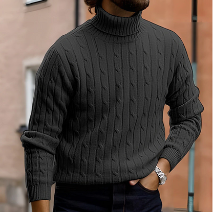 Men's cable knit turtleneck sweater with long sleeves and ribbed trims