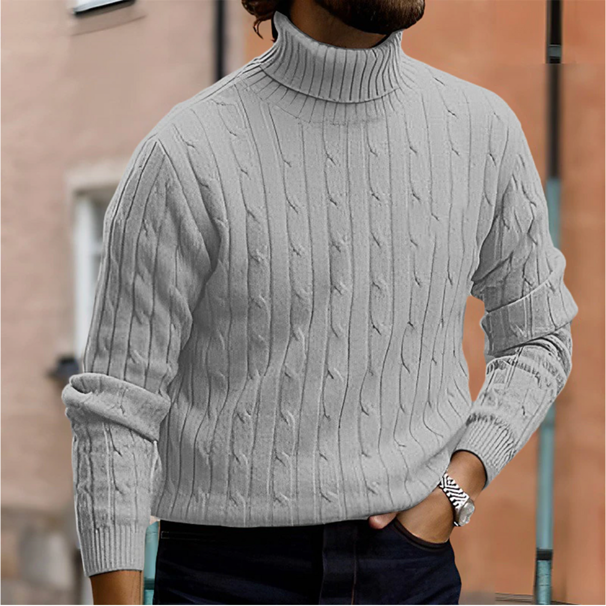 Men's cable knit turtleneck sweater with long sleeves and ribbed trims