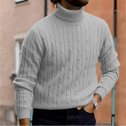 Men's cable knit turtleneck sweater with long sleeves and ribbed trims