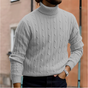 Men's cable knit turtleneck sweater with long sleeves and ribbed trims