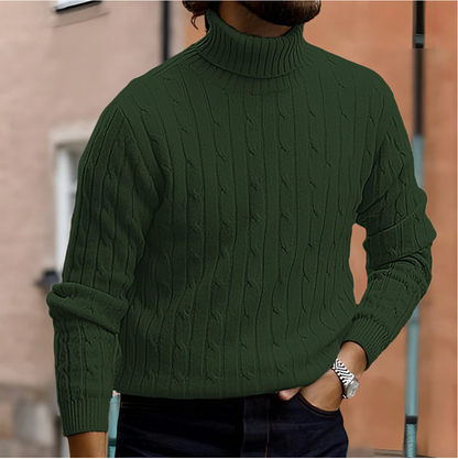 Men's cable knit turtleneck sweater with long sleeves and ribbed trims