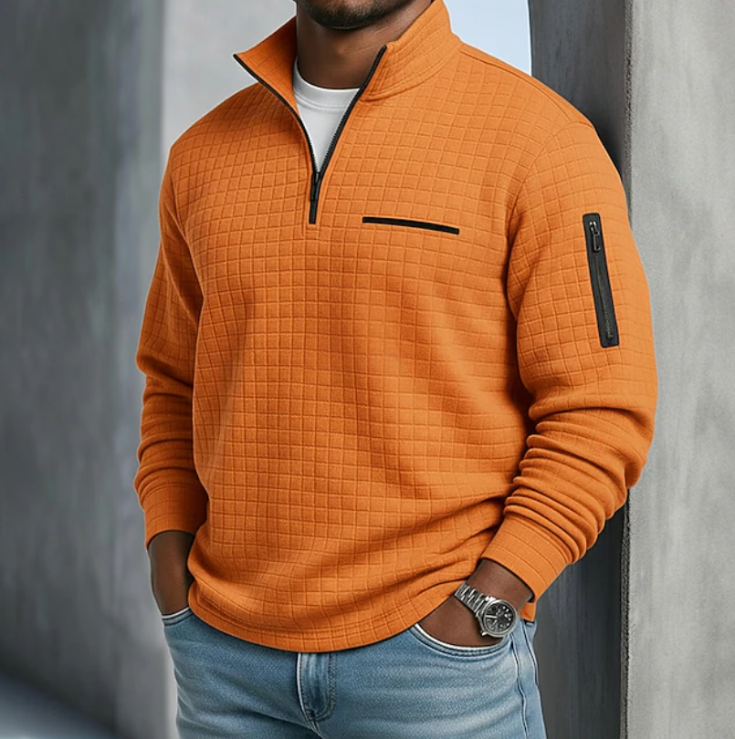 Men's textured waffle knit quarter zip jumper with utility zip pockets